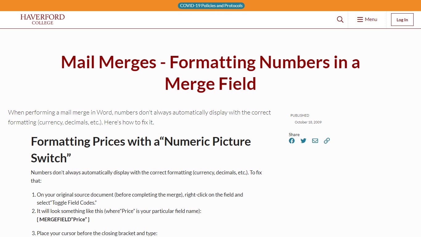 Mail Merges - Formatting Numbers in a Merge Field